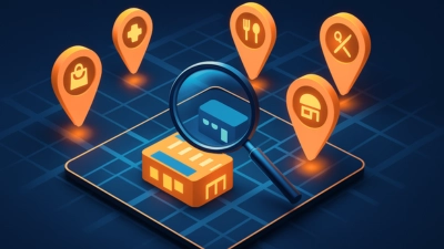 Ilustración 3D isométrica que representa una auditoría de SEO local con mapa y lupa digital