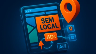 Ilustración 3D isométrica de un anuncio SEM local en un navegador con lupa y marcador de ubicación