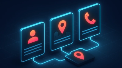 Ilustración 3D de tres paneles conectados con iconos de nombre, dirección y teléfono