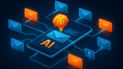 Ilustración 3D isométrica de un sistema de email marketing automatizado con IA