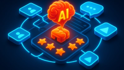 Ilustración 3D isométrica de aplicaciones conectadas representando flujos de automatización inteligentes