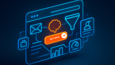 Ilustración 3D isométrica de una landing page con botón de llamada a la acción y flujo de conversión