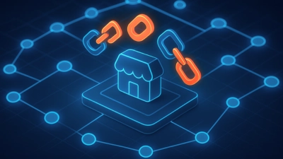 Ilustración 3D de un mapa con nodos conectados que simbolizan negocios locales enlazados