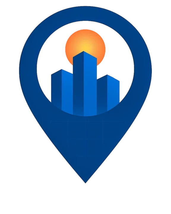 Logotipo CoordenadaSEO - Pin de localización con edificios representando los negocios locales de una ciudad