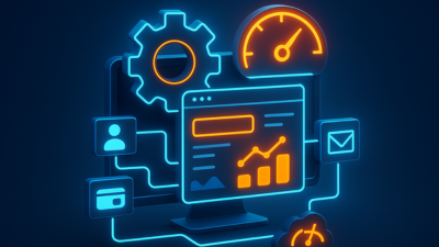 Ilustración 3D isométrica con engranaje y velocímetro luminosos sobre un panel digital de optimización web