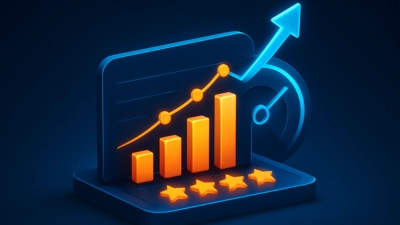 Ilustración 3D isométrica de una gráfica ascendente con icono de diana y tonos azul-naranja
