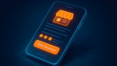 Ilustración 3D de un perfil de Google Business con botón “Reclamar negocio” y diseño moderno