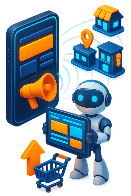 Ilustración 3D isométrica de un anuncio SEM local en un dispositivo móvil con megáfono, ubicación y negocios y carrito de compra