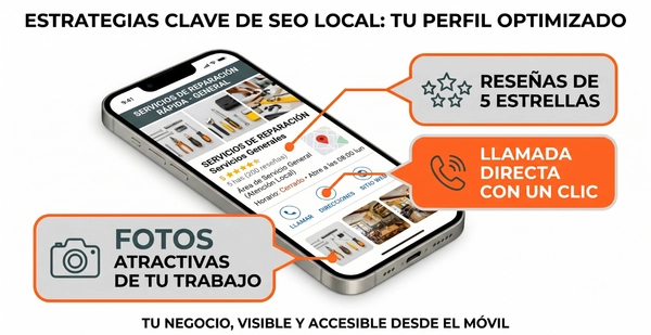 Captura de un teléfono móvil mostrando un perfil de Google Business Profile optimizado para una pyme, destacando elementos clave del SEO local como las reseñas de 5 estrellas, el botón de llamada directa y las fotos del negocio.