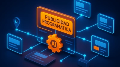 Ilustración 3D isométrica de pantallas conectadas por nodos representando anuncios programáticos locales