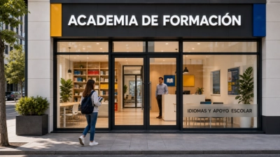 Fachada de una academia de formación con interior visible y rótulo de idiomas y apoyo escolar.
