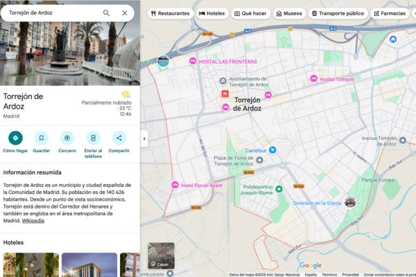 Captura de Google Maps con marcador en Torrejón de Ardoz para mostrar posicionamiento SEO local