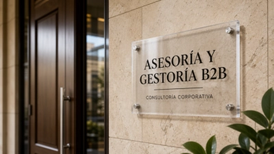 Placa corporativa de una asesoría y gestoría B2B en la entrada de una oficina profesional.