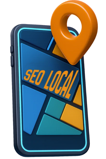 Ilustración 3D isométrica de un smartphone con mapa y pin rojo mostrando el texto SEO Local