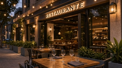 Terraza de restaurante elegante preparada antes de la apertura con iluminación cálida.