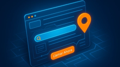 Ilustración 3D isométrica de una web con buscador y marcador de ubicación resaltado