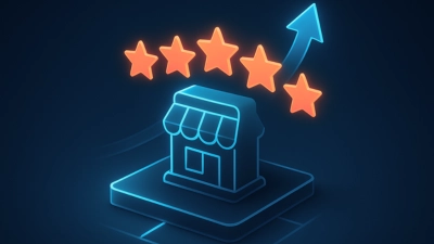 Ilustración 3D isométrica de una tienda con cinco estrellas alineadas y flecha ascendente