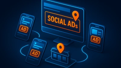 Ilustración 3D isométrica con móviles mostrando anuncios patrocinados conectados a una campaña local